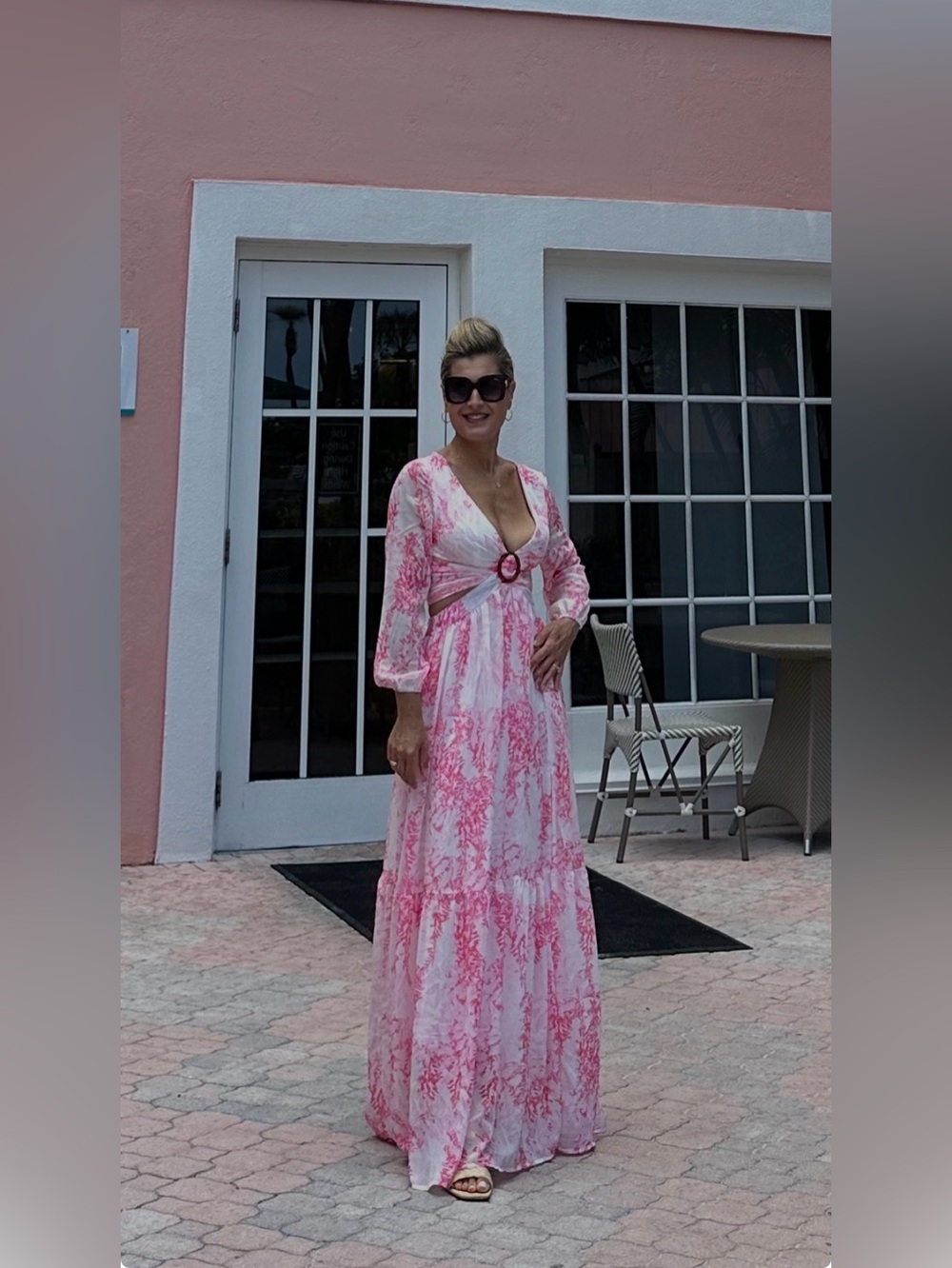 Pink Floral Balloon Sleeve Cutout Maxi Dress